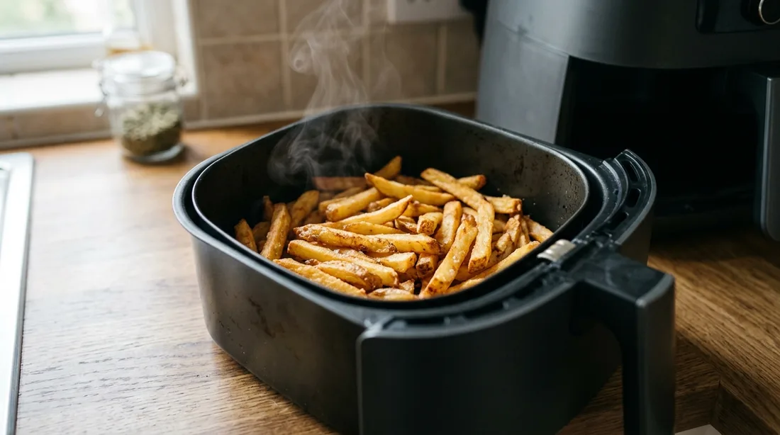 Geöffnete Garkorb-Schublade einer Heißluftfritteuse mit dampfenden, knusprigen Pommes frites