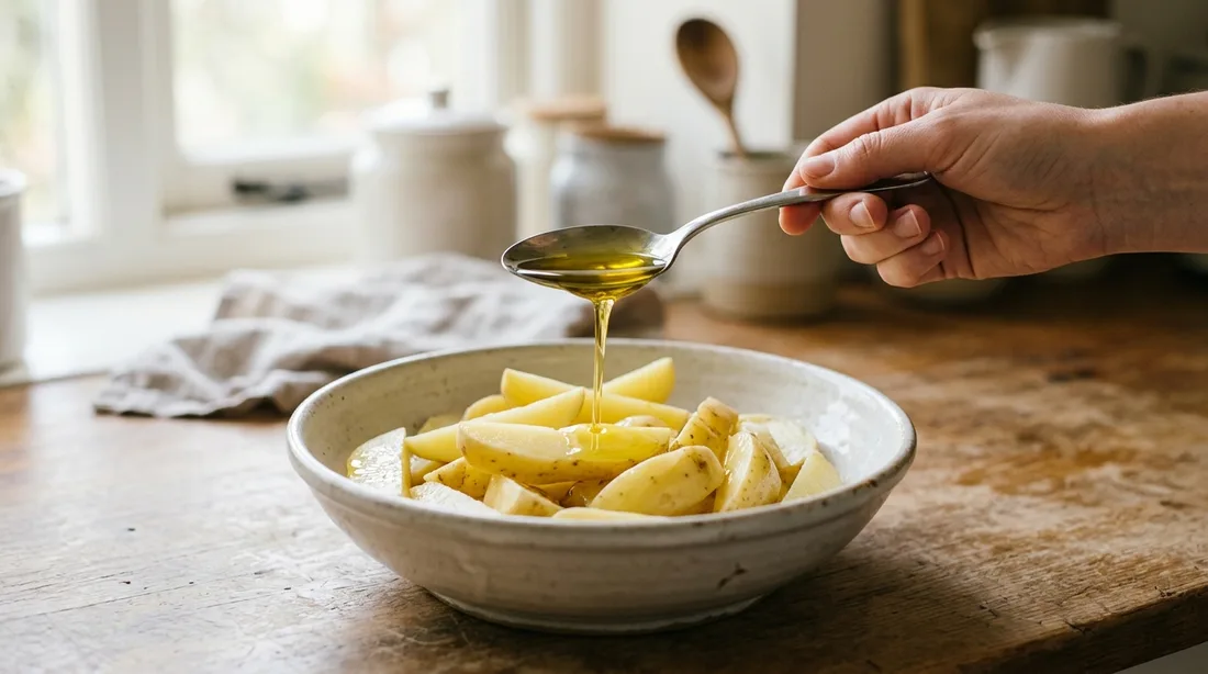 Esslöffel mit Speiseöl über einer Schüssel mit rohen Kartoffelspalten